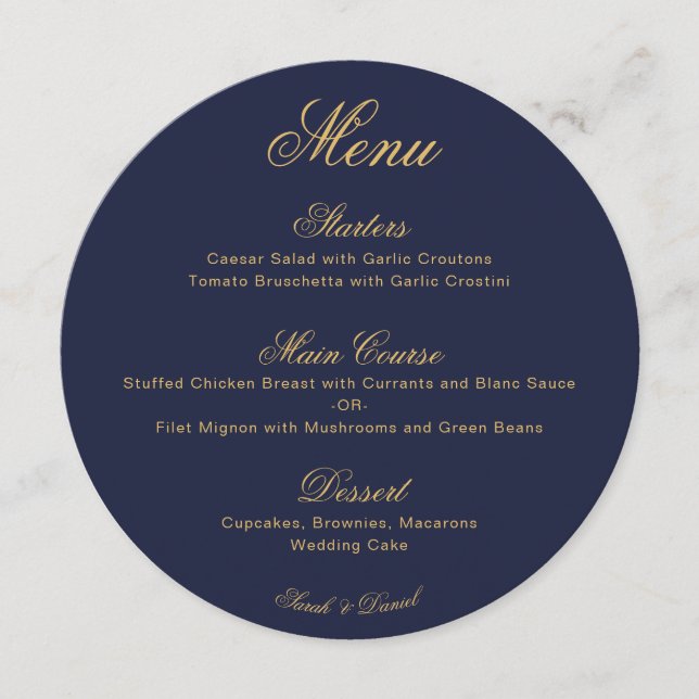 Menu Casamento Azul Marinho Dourado Caligrafia Simples  (Frente)