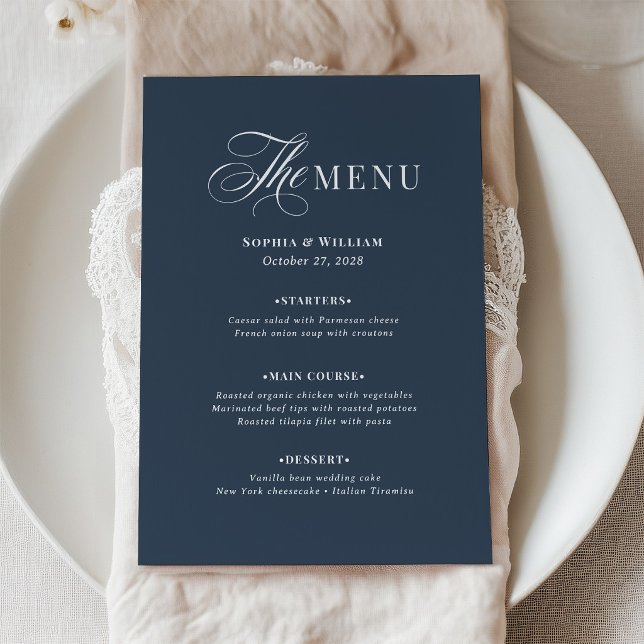 Menu Casamento Azul Marinho e Branco | Luxo Clássico (Criador carregado)