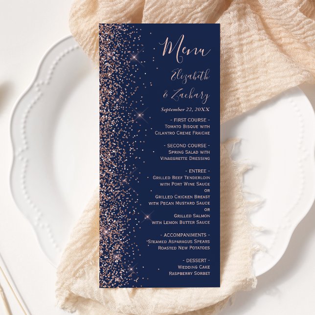 Menu Casamento Azul Marinho Moderno com Borda de Brilho (Criador carregado)