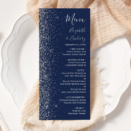 Menu Casamento Azul Marinho Moderno com Brilho Prateado