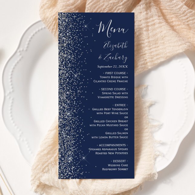 Menu Casamento Azul Marinho Moderno com Brilho Prateado (Criador carregado)
