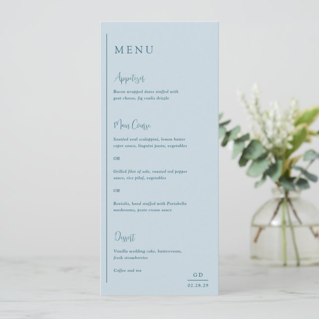 Menu Casamento Azul Moderno Silenciado Gracioso (Em pé/Frente)