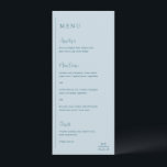 Menu Casamento Azul Moderno Silenciado Gracioso<br><div class="desc">Cardápio de casamento moderno com um design geométrico simples e minimalista com uma linha vertical ao longo do lado esquerdo com o seu cardápio alinhado à esquerda. Os cabeçalhos estão em uma escrita à mão para um toque elegante. No canto inferior direito está o monograma das suas duas iniciais sobre...</div>