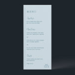 Menu Casamento Azul Moderno Silenciado Gracioso<br><div class="desc">Cardápio de casamento moderno com um design geométrico simples e minimalista com uma linha vertical ao longo do lado esquerdo com o seu cardápio alinhado à esquerda. Os cabeçalhos estão em uma escrita à mão para um toque elegante. No canto inferior direito está o monograma das suas duas iniciais sobre...</div>