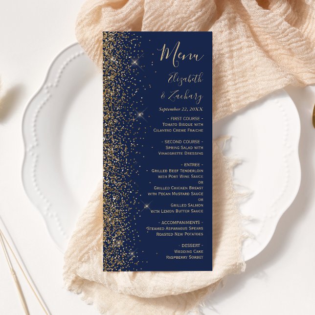 Menu Casamento Azul Naval Moderno com Borda de Brilho D (Criador carregado)