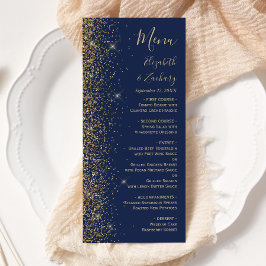 Menu Casamento Azul Naval Moderno com Borda de Brilho D