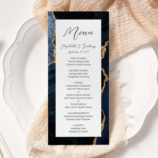 Menu Casamento Azul Naval Ouro Ágata Moderno (Criador carregado)