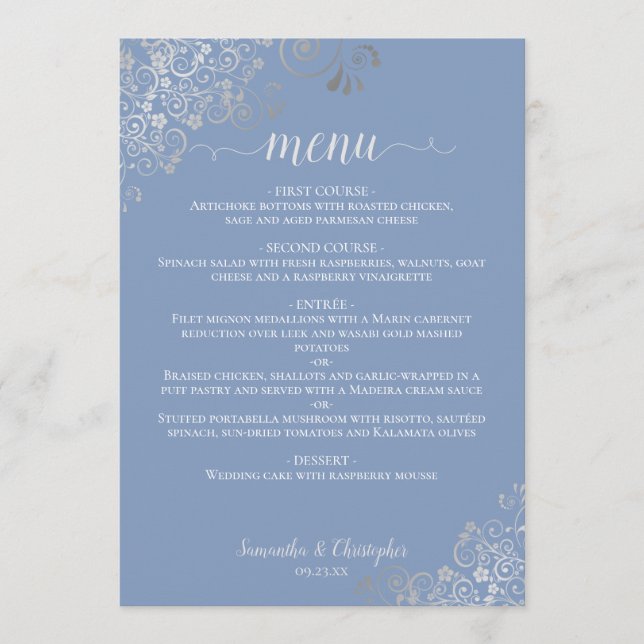 Menu Casamento Azul Pergueiro De Arroz De Prata Elegant (Frente)