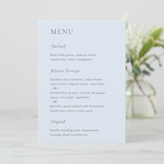 Menu Casamento Azul Pó Moderno e Elegante (Em pé/Frente)