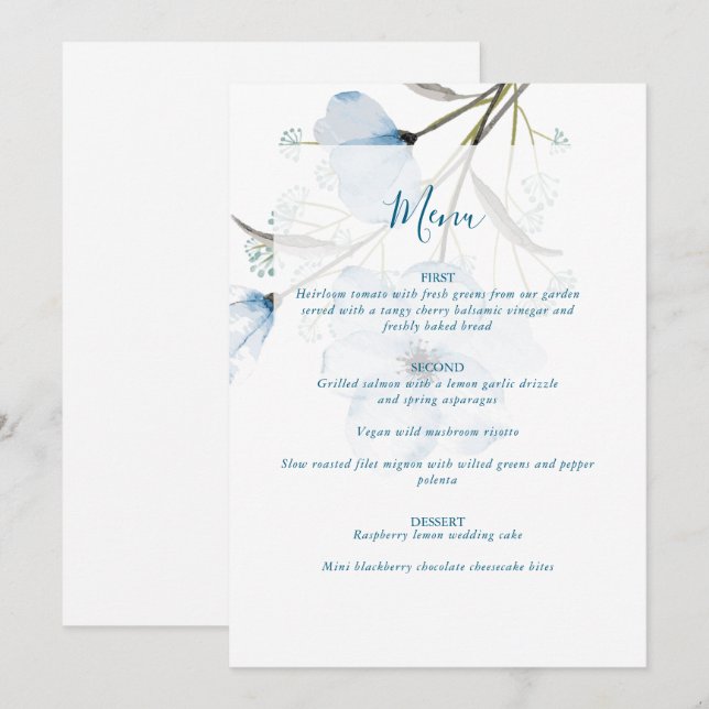 Menu Casamento Azul Poeirento Chic Moderno e Elegante (Frente/Verso)