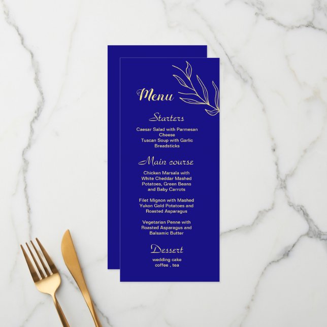 Menu Casamento azul real com flor de ouro simples (Frente/Verso In Situ)