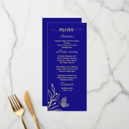 Menu Casamento azul real com flor de ouro simples