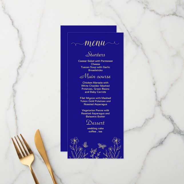 Menu Casamento azul real com flor de ouro simples (Frente/Verso In Situ)