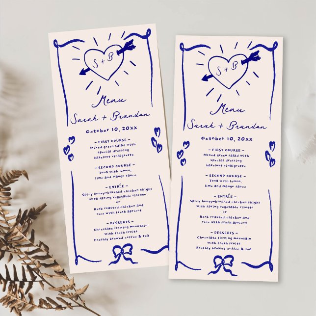 Menu Casamento Azul Retroativo Desenhado à Mão Elegante (Criador carregado)