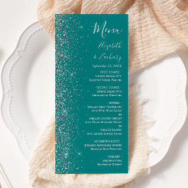 Menu Casamento Azul Teal Prata Moderno com Brilho na Bo
