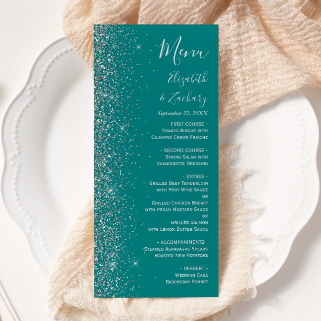 Menu Casamento Azul Teal Prata Moderno com Brilho na Bo (Criador carregado)