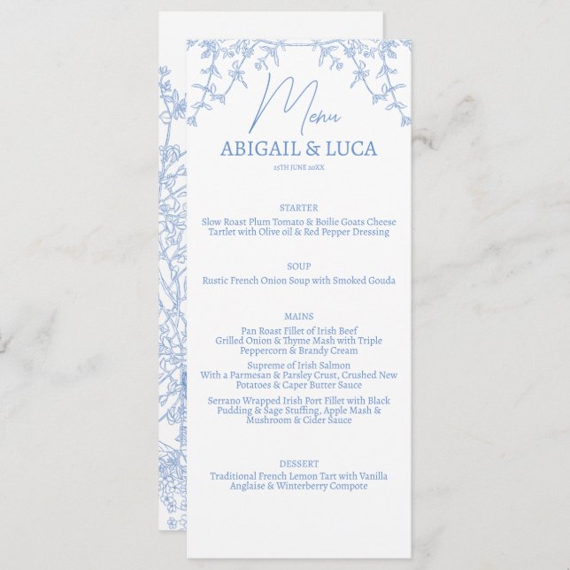 Menu Casamento Blue Chinoiserie Toile de Jouy (Frente/Verso)