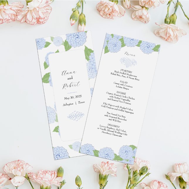 Menu Casamento Blue Hydrangea Watercolor (Criador carregado)
