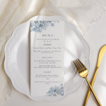 Menu Casamento Blue Hydrangeas Watercolor<br><div class="desc">Um elegante cardápio de casamento com flores poeirentas de cor azul-d-água,  hipnórdica,  personalizadas com seus nomes e data de casamento. Os detalhes do menu estão na cinza.</div>