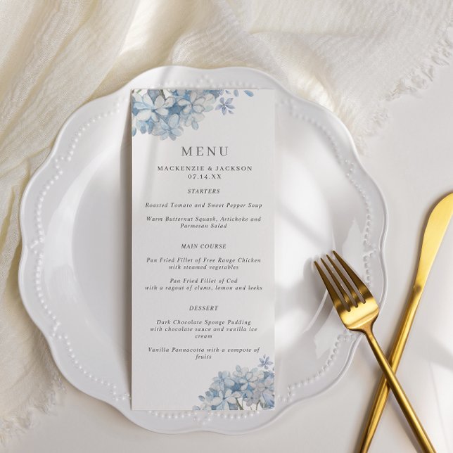 Menu Casamento Blue Hydrangeas Watercolor (Criador carregado)