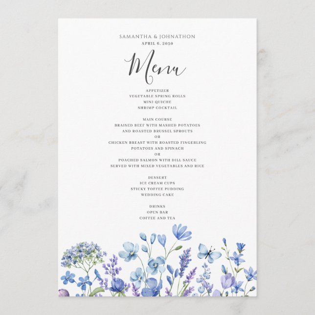 Menu Casamento Blue Wildflower Watercolor (Frente)