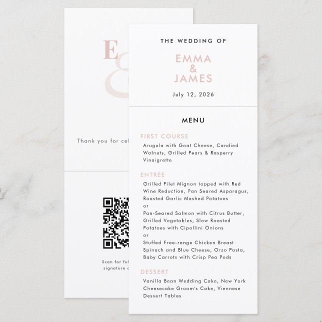 Menu Casamento Blush Ampersand | Código QR | Elegante (Frente/Verso)