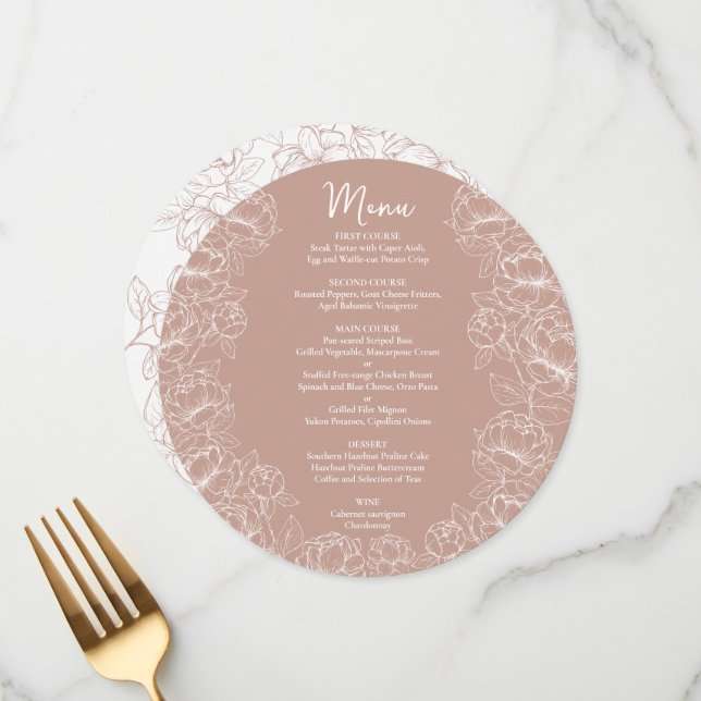 Menu Casamento Blush Pink Moderno Floral Boho Round (Frente/Verso In Situ)