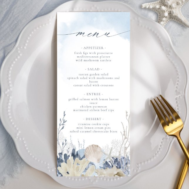 Menu Casamento Boêmio Aquarela Azul Coral Praia (Criador carregado)