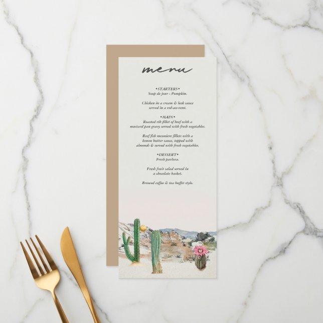 Menu Casamento Boho de Cacto no Deserto em Aquarela (Frente/Verso In Situ)