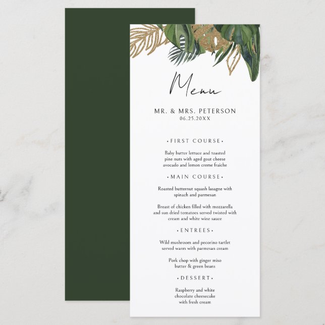 Menu Casamento Boho de Verão Botânico Tropical (Frente/Verso)
