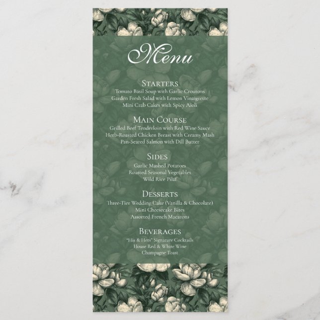 Menu Casamento Boho Estético com Gardênias Verdes Fofas (Frente)