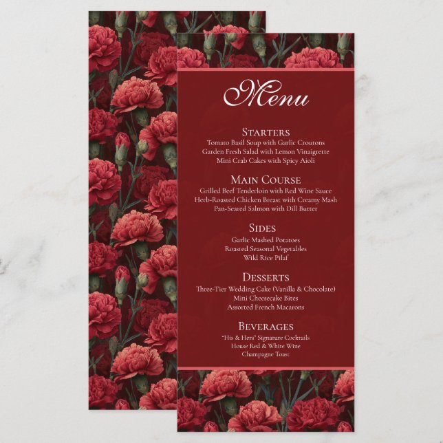 Menu Casamento Boho Estético de Cravo Vermelho Atempora (Frente/Verso)