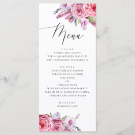 Menu Casamento boho floral rosa aquarela e penas