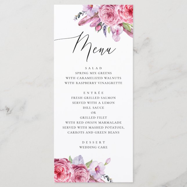 Menu Casamento boho floral rosa aquarela e penas (Frente)