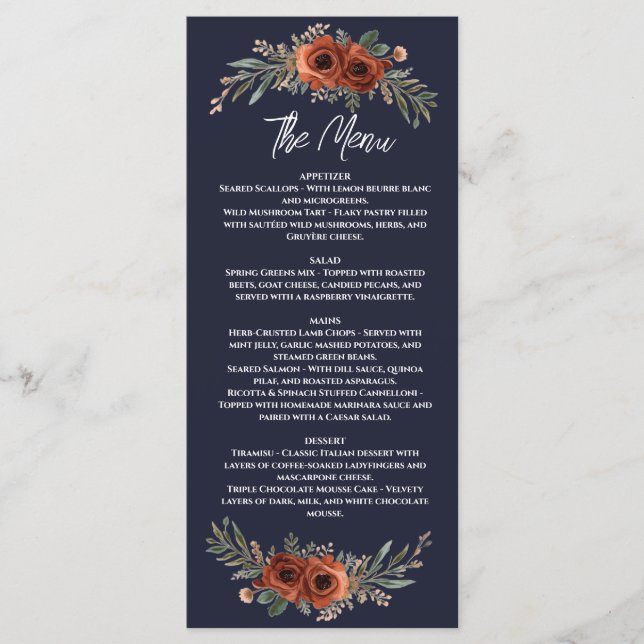 Menu Casamento Boho Floral Terracota Marinho (Frente)