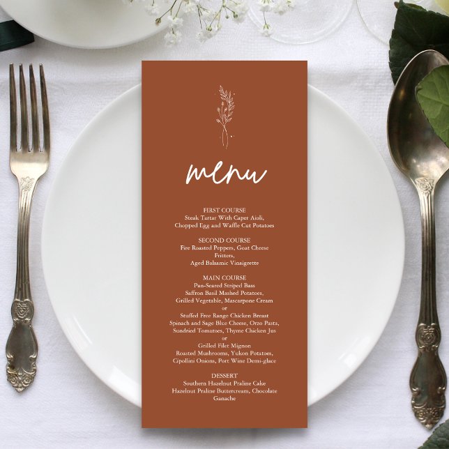 Menu Casamento Boho Laranja Queimado de Terracota Minim (Minimalist terracotta boho wedding menu brings warm charm and a personal touch to tables)