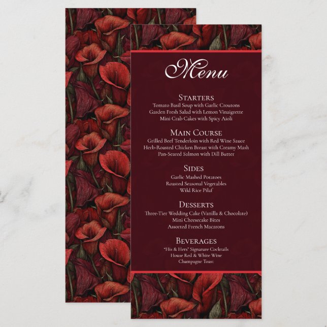 Menu Casamento Boho Pétala de Lírios de Trombeta Vermel (Frente/Verso)