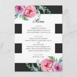 Menu Casamento boho preto e branco. Floral rosa aquarel