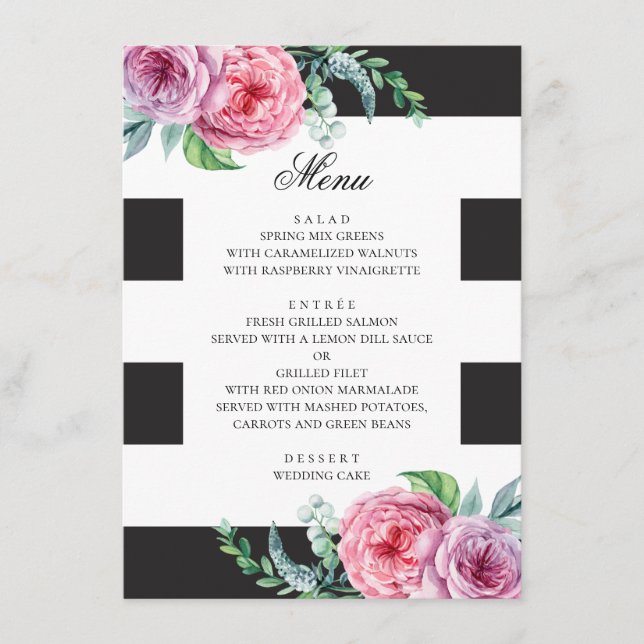 Menu Casamento boho preto e branco. Floral rosa aquarel (Frente)