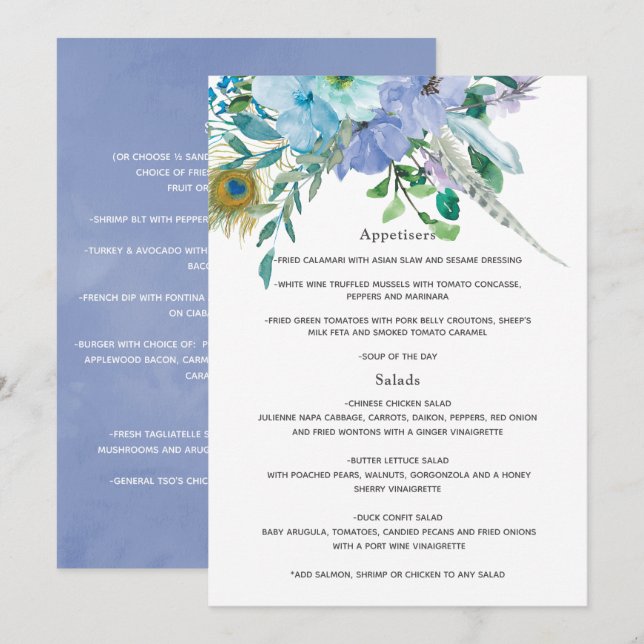 Menu Casamento Boho Verde-Menta e Azul (Frente/Verso)