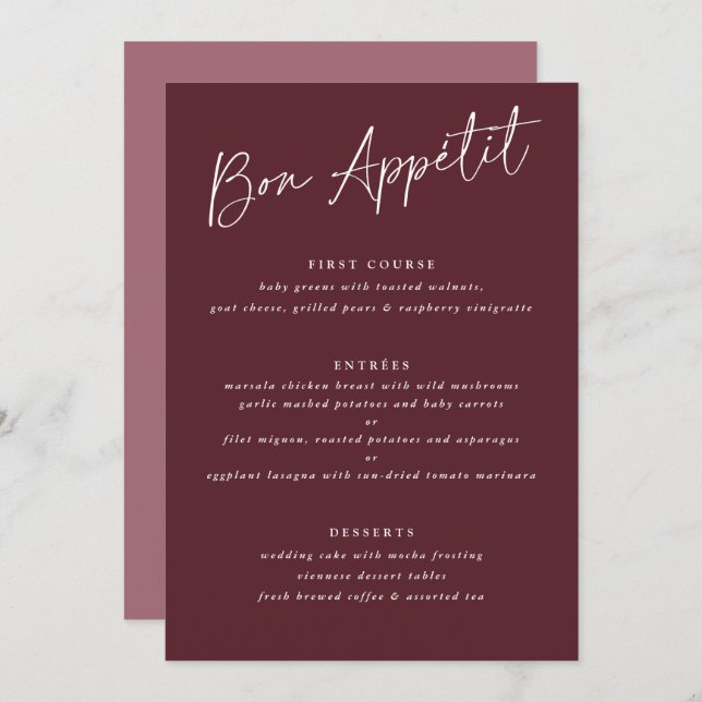 Menu Casamento Bon Appétit Merlot Burgundy (Frente/Verso)