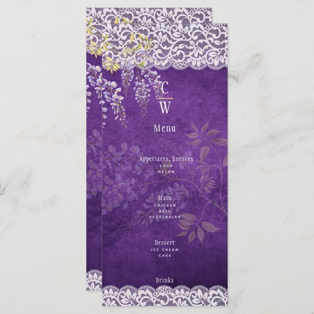 Menu Casamento bonito Roxo Roxo WISTERIA Lace (Frente/Verso)
