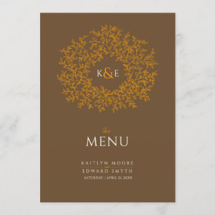 Menu Casamento botânico alaranjado do monograma do
