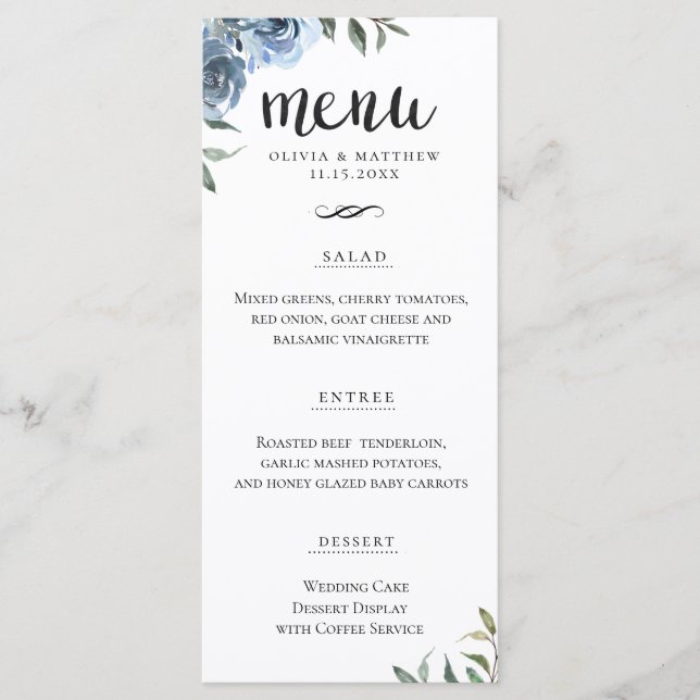 Menu Casamento Botânico Azul-Dusty, Script Elegante (Frente)