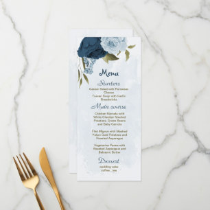 Menu casamento botânico com flores azuis-claras marinho