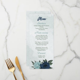 Menu Casamento botânico com flores azuis e marinhos