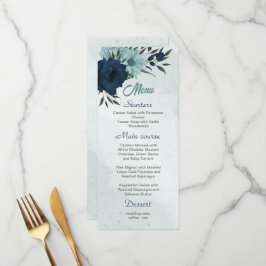 Menu Casamento botânico com flores azuis e marinhos