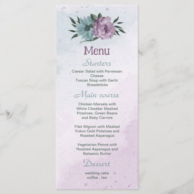 Menu casamento botânico com flores azuis roxas (Frente)