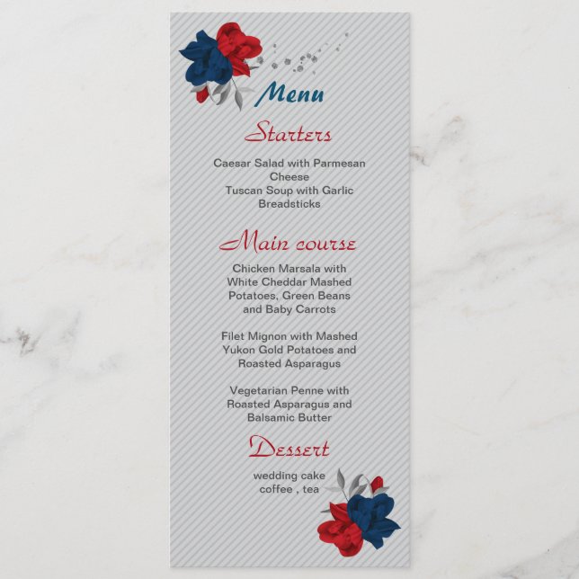 Menu casamento botânico com flores azuis vermelhas e ma (Frente)