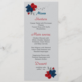 Menu casamento botânico com flores azuis vermelhas e ma